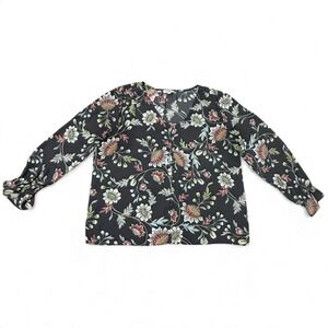 LOFT Outlet Sz-XLarge Gray Floral Print V Neck Long Sleeve Button Front‎ Blouse